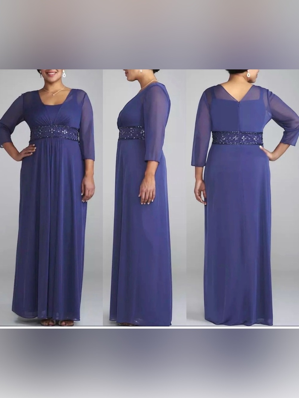 Alex Evenings Long Mesh Illusion Dress with Beaded Waist Wedgewood Size 10~NWT
